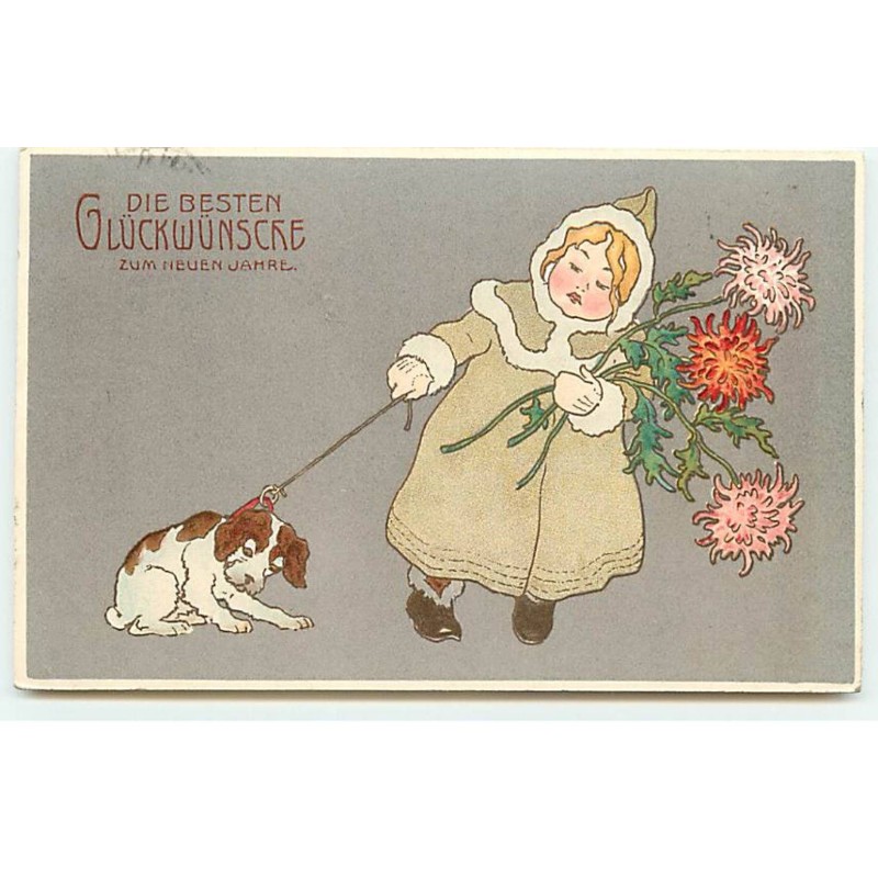 n°22385 - Nouvel An - Fillette tenant un chien en laisse qui n'avance pas