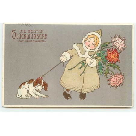 n°22385 - Nouvel An - Fillette tenant un chien en laisse qui n'avance pas
