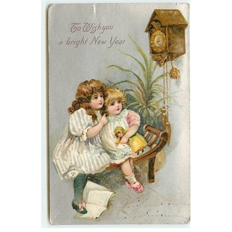 n°22386 - Nouvel An - Aluminium - To Wisch you a bright New Year - Fillettes tenant une poupée - pendule