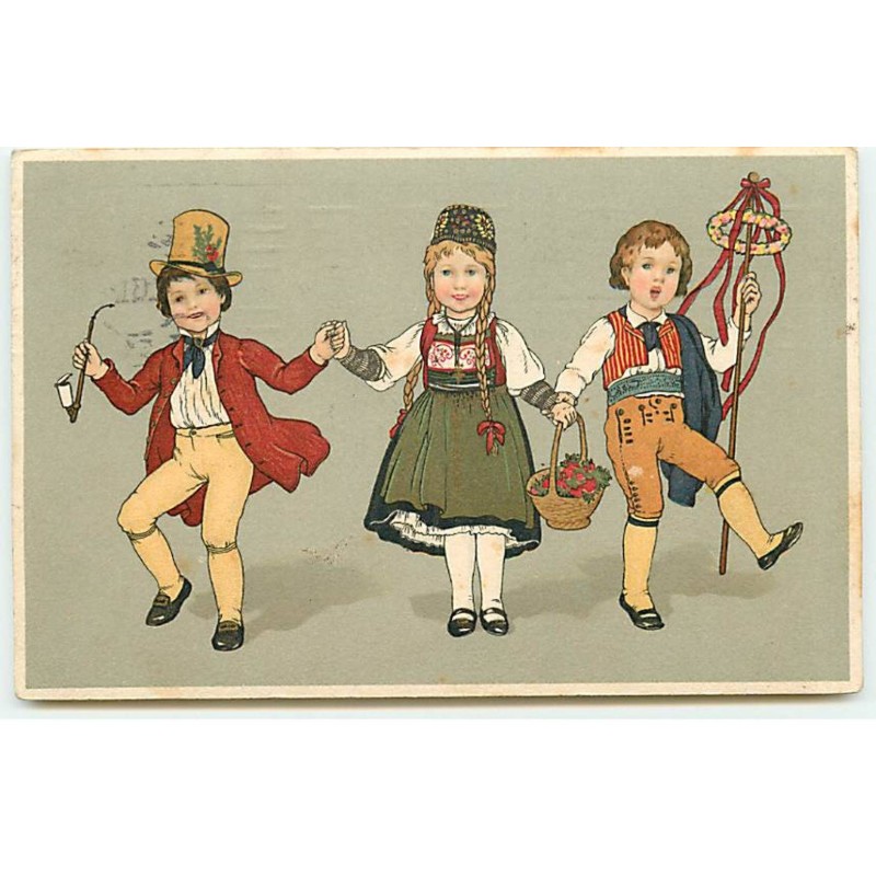 n°22389 - Style Flatscher - Enfants dansant, l'un fumant la pipe, un autre tenant un mât de cocagne