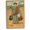n°22390 - Carte Gaufrée - Jeune garçon portant des bagages et un bouquet de marguerites, en attenant le train