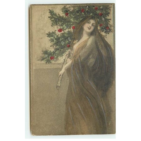 n°22422 - Illustrateur - Jeune femme portant un sapin décoré