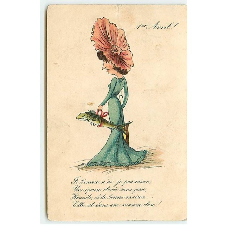 n°22428 - 1er Avril - Je t'envoie, n'ai je pas raison ... maison close ! - Femme portant un poisson