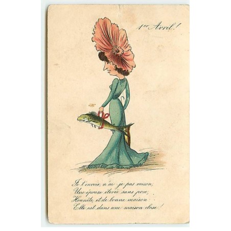 n°22428 - 1er Avril - Je t'envoie, n'ai je pas raison ... maison close ! - Femme portant un poisson