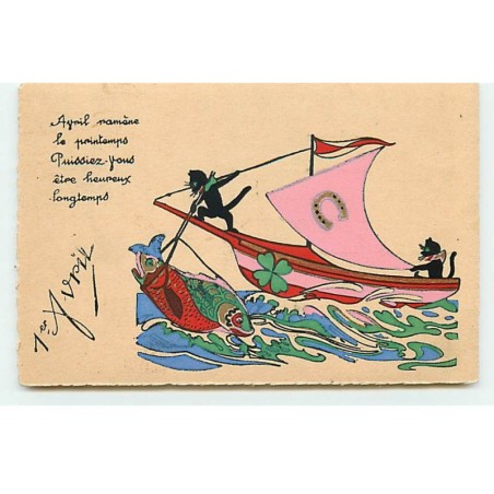 n°22429 - 1er Avril - Avril ramène le printemps ... longtemps - Chats noirs sur un bateau, pêchant des poissons