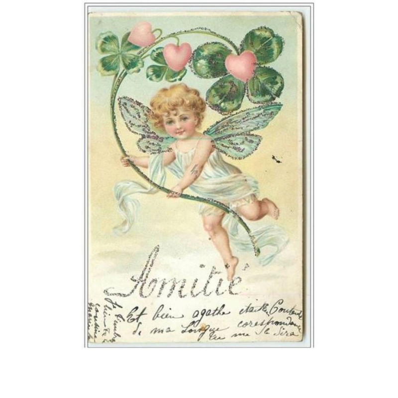 n°2243 - Carte Gaufrée - Amitié - Angelot trèfle et coeurs - Strasses