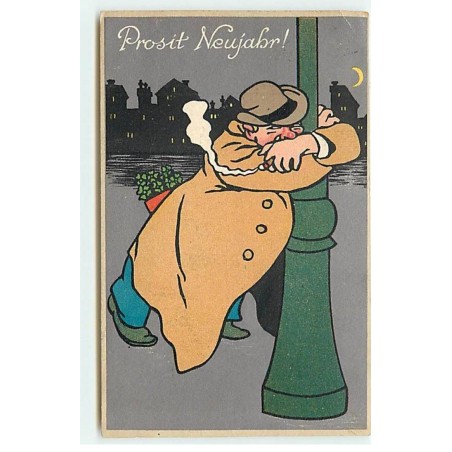 n°22430 - Prosit Neujahr - Homme aviné fumant le cigare enlaçant un réverbère