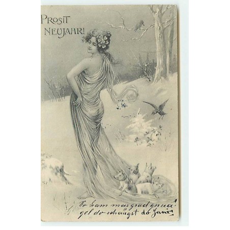 n°22431 - Prosit Neujahr - Petits cochons sur la traîne d'une robe d'une jeune femme se promenant dans la forêt enneigée
