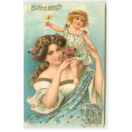 n°22432 - Carte Gaufrée - Bonne Année - Fillette tenant un verre assise sur l'épaule d'une jeune femme