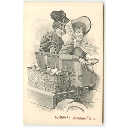 n°22436 - Fröhliche Weihnachten - Deux jeunes femmes au volant d'une voiture avec un panier rempli de cadeaux