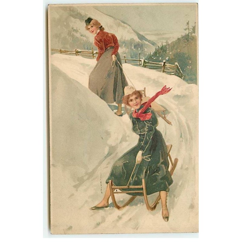 n°22440 - Fantaisie - Jeunes femmes faisant de la luge - Sports d'Hiver