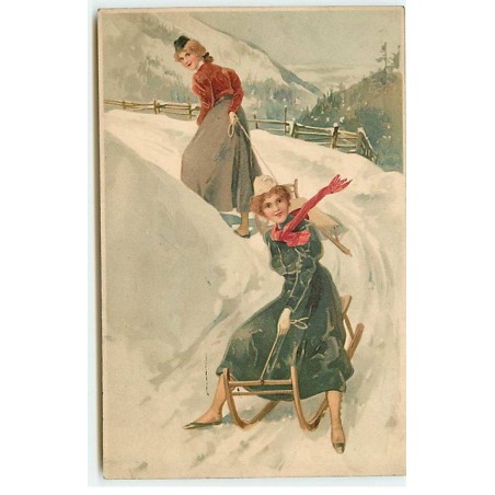 n°22440 - Fantaisie - Jeunes femmes faisant de la luge - Sports d'Hiver