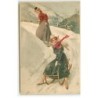 n°22440 - Fantaisie - Jeunes femmes faisant de la luge - Sports d'Hiver