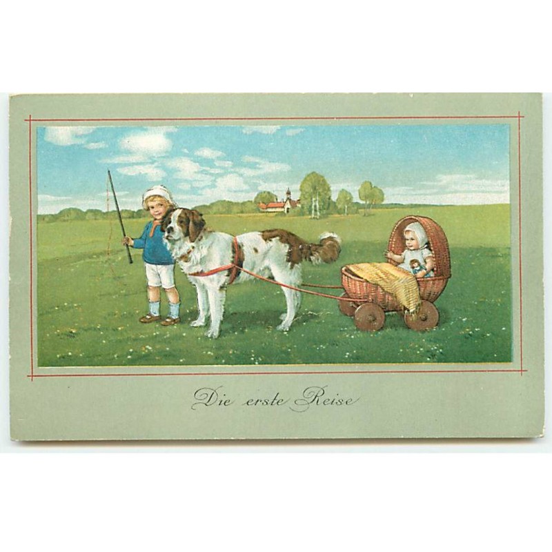 n°22442 - Fantaisie - Die erste Reise - Garçon près d'un chien tirant un bébé dans un landau en osier