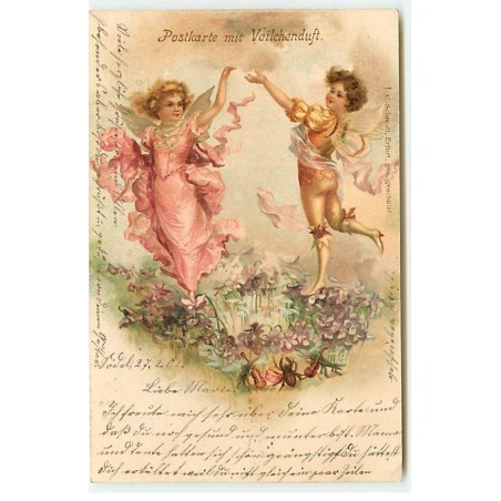 n°22450 - Postkarte mit Veilchenduft - Clapsaddle - Jeune couple d'elfes dansant au-dessus de violettes