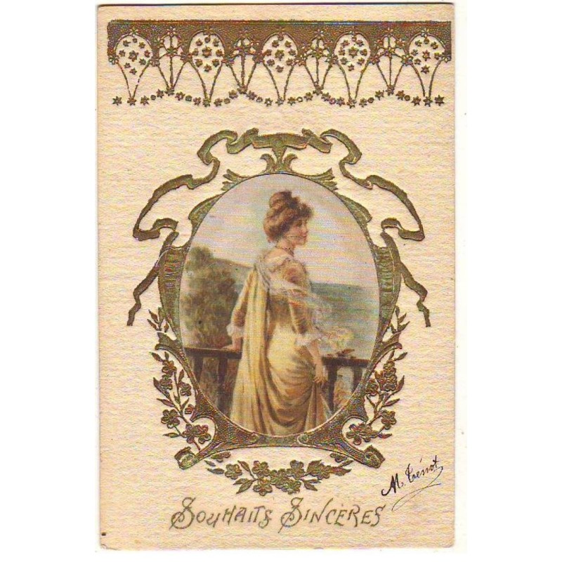 n°22454 - Carte Gaufrée Tissu soie - Souhaits Sincères - Jeune femme regardant un bord de mer, dans un médaillon
