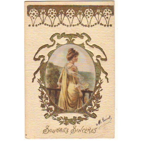 n°22454 - Carte Gaufrée Tissu soie - Souhaits Sincères - Jeune femme regardant un bord de mer, dans un médaillon