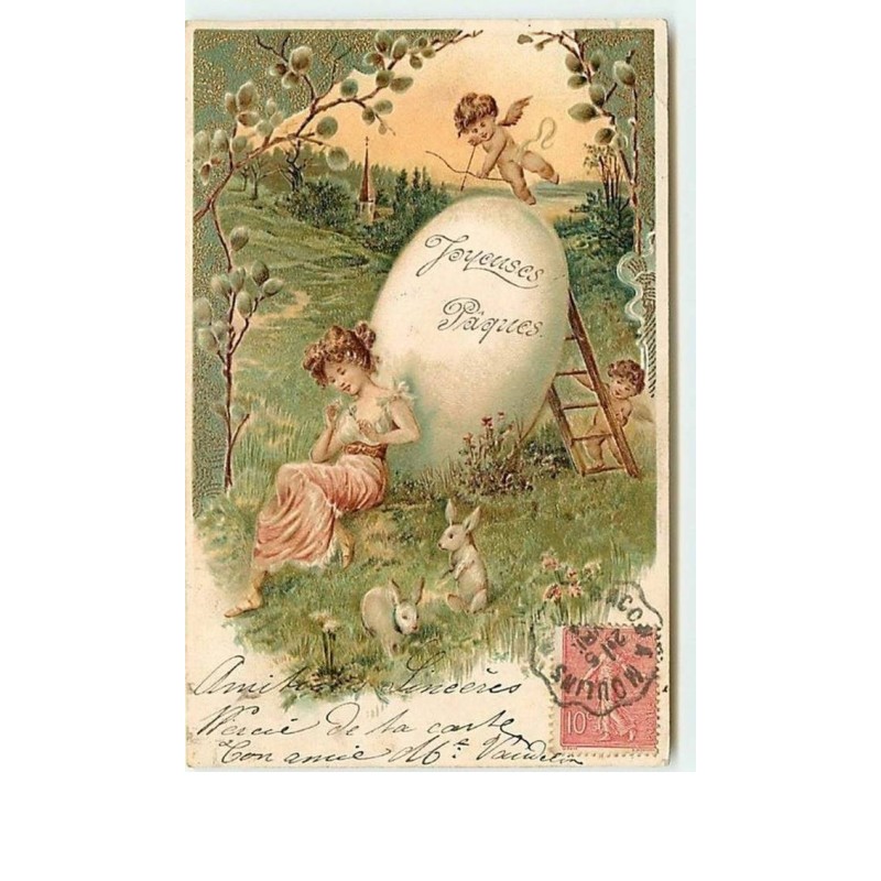 n°11486 - Carte Fantaisie Gaufrée - Joyeuses Pâques - Jeune fille dormant près d'un oeuf