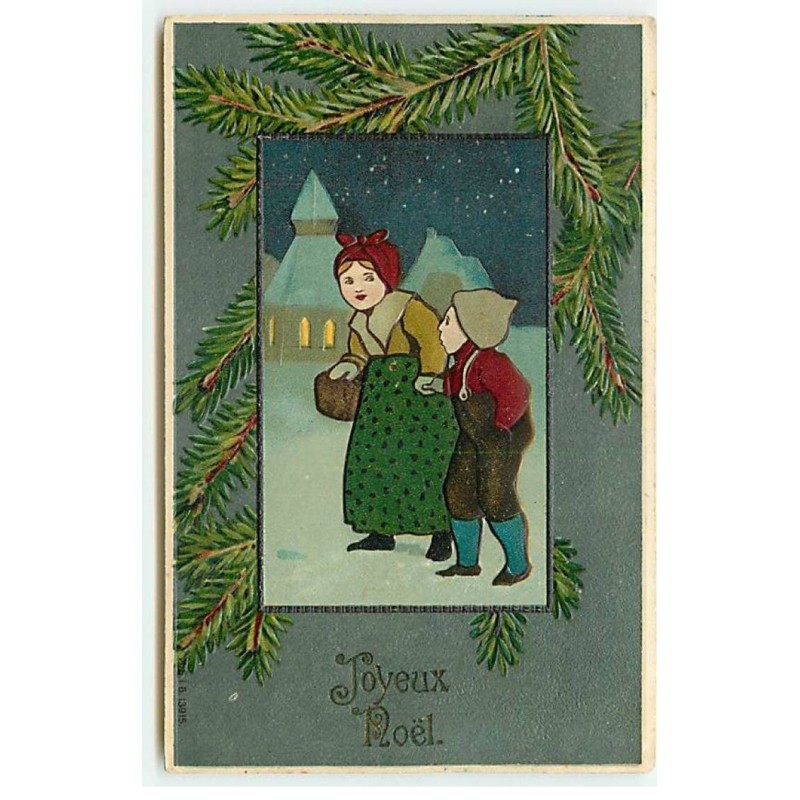 n°22476 - Carte Gaufrée - MSIB 13915 - Joyeux Noël - Garçon et jeune fille se promenant dans la nuit