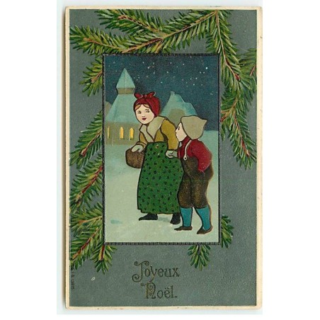 n°22476 - Carte Gaufrée - MSIB 13915 - Joyeux Noël - Garçon et jeune fille se promenant dans la nuit