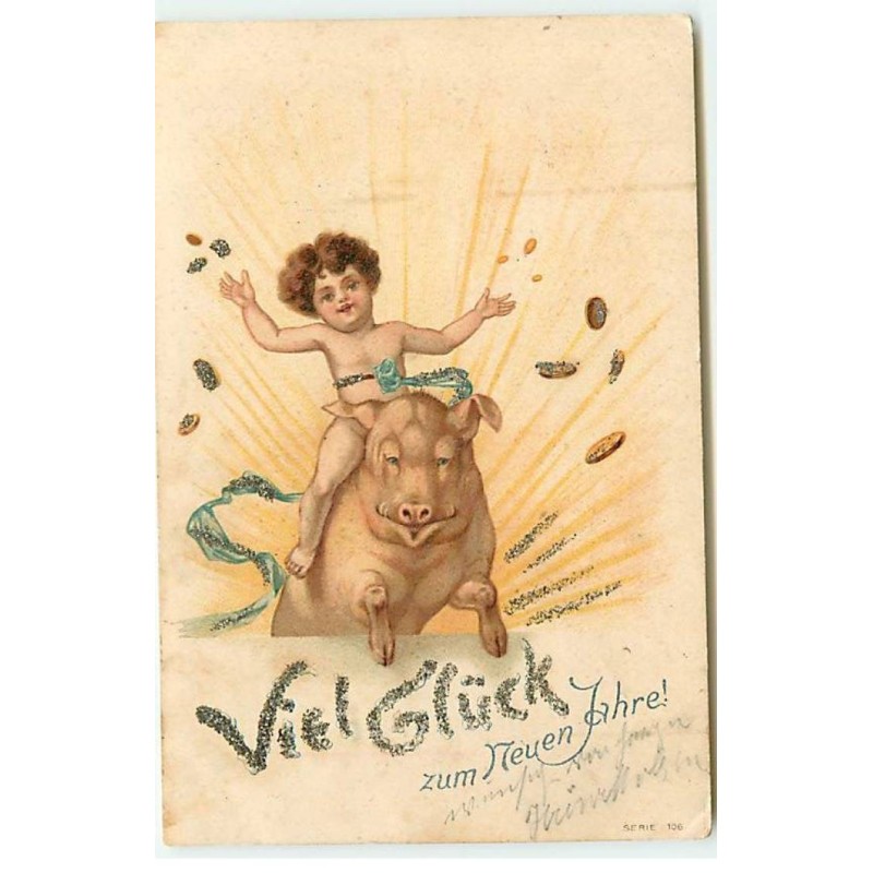 n°22480 - Carte avec Paillettes - Viel Glück zum Neuen Jahre - Ange à califourchon sur un cochon