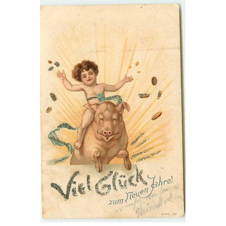 n°22480 - Carte avec Paillettes - Viel Glück zum Neuen Jahre - Ange à califourchon sur un cochon