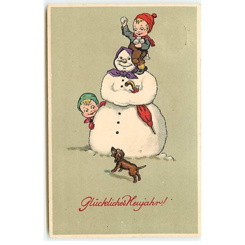 n°22481 - Glückliches Neujahr - Enfants jouant autour d'un bonhomme de neige avec un teckel