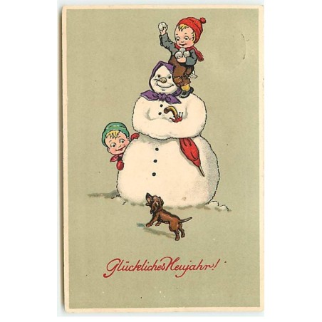 n°22481 - Glückliches Neujahr - Enfants jouant autour d'un bonhomme de neige avec un teckel