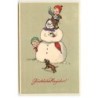 n°22481 - Glückliches Neujahr - Enfants jouant autour d'un bonhomme de neige avec un teckel