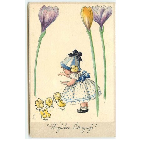 n°22490 - Pâques - Li - Meissner - Herzlichen Ostergruss - Fillette nourrissant des poussins sous des crocus