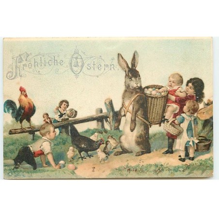 n°22491 - Pâques - Fröhliche Ostern - Enfants prenant des oeufs dans la hotte porté par un lièvre