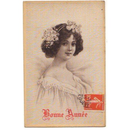 n°22504 - Carte Tissée Soie - Clapsadde - Bonne Année - Jeune fille avec des fleurs dans les cheveux