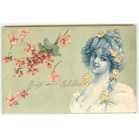 n°22511 - Carte Gaufrée - Une Jeune Femme portant dans les cheveux une couronne de roses