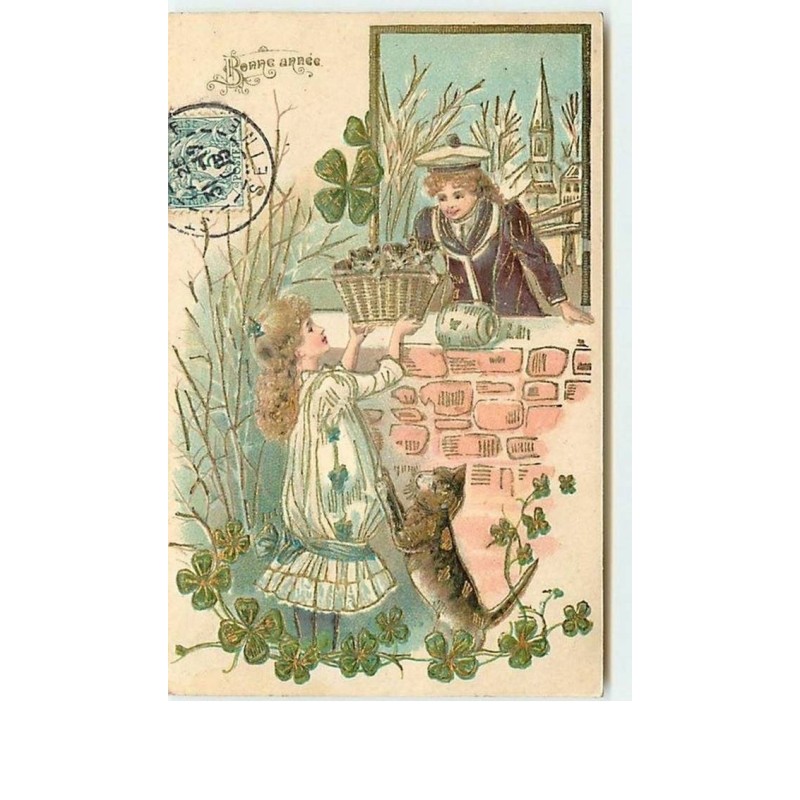 n°11490 - Carte Fantaisie Gaufrée - Bonne Année - Jeunes filles admirant des chatons - chat