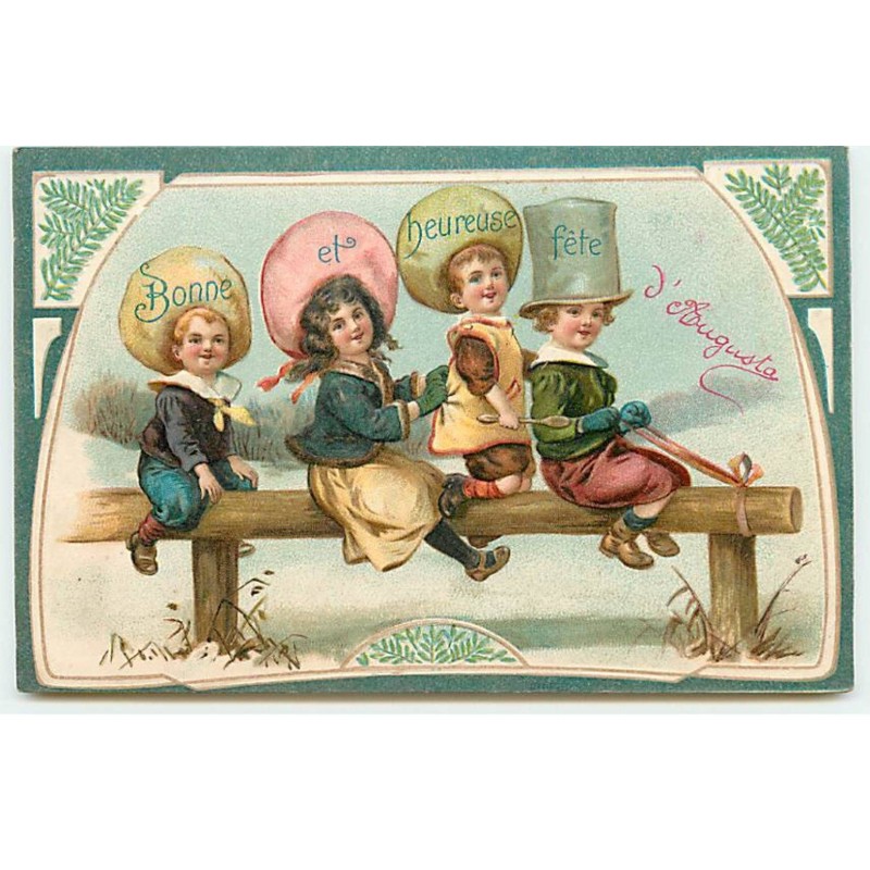 n°22522 - Carte Gaufrée - Bonne et Heureuse Fête - Enfants à califourchon sur une barrière