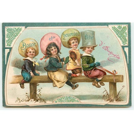 n°22522 - Carte Gaufrée - Bonne et Heureuse Fête - Enfants à califourchon sur une barrière