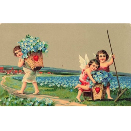 Fantaisie - Angelots ramassant des myosotis dans des hottes