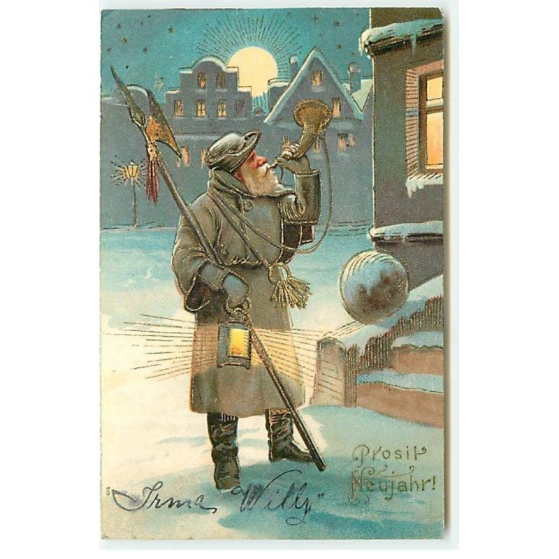 n°22525 - Carte Gaufrée - Prosit Neujahr ! -Veilleur de nuit portant une lanterne, soufflant dans une corne