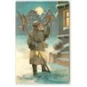 n°22525 - Carte Gaufrée - Prosit Neujahr ! -Veilleur de nuit portant une lanterne, soufflant dans une corne