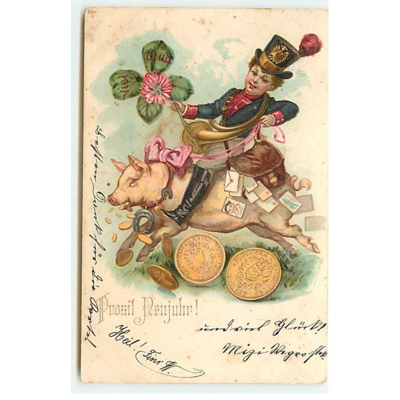 n°22526 - Bonne Année - Prosit Neujahr ! - Garçon portant un cor, à califourchon sur un cochon - Pièces de Monnaie