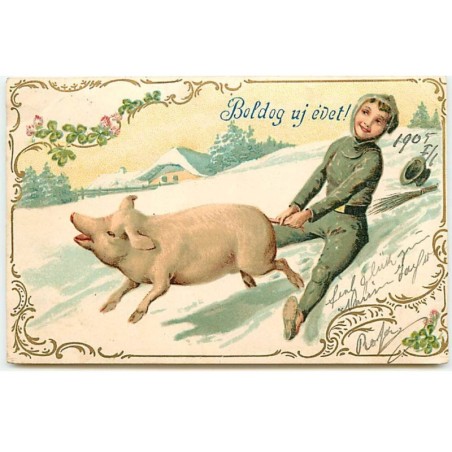 n°22528 - Bonne Année -Boldog uj évet - Ramoneur tiré par un cochon