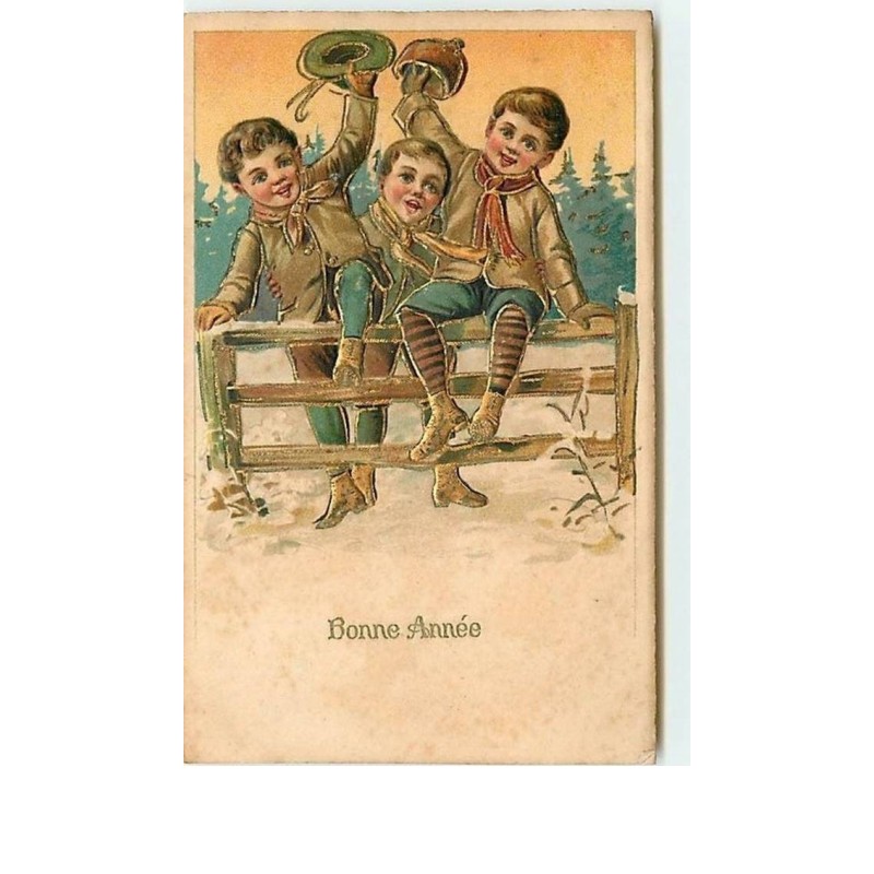 n°11491 - Carte Fantaisie Gaufrée - Bonne Année - Garçons sur une barrière