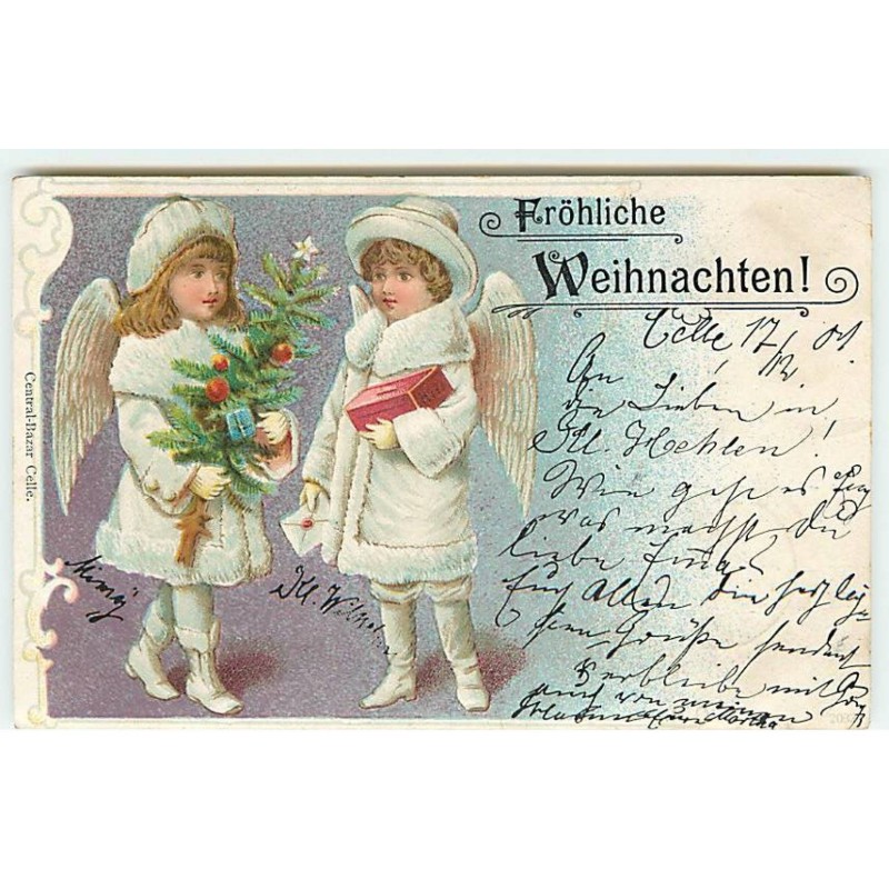 n°22534 - Noël - Fröhliche Weihnachten - Anges, l'un portant un sapin et un autre un cadeau