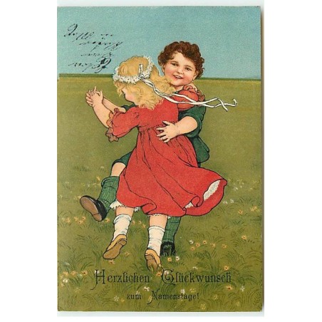 n°22538 - Anniversaire - Style Flatscher - Enfants dansant au milieu d'un pré