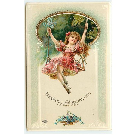 n°22539 - Anniversaire - Herzlichen Glückwunsch zum Namenstage - Fillette sur une balançoire