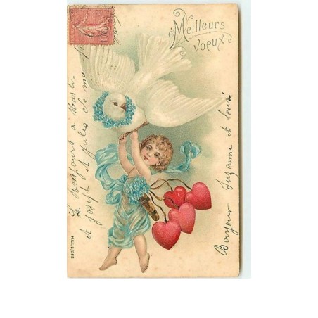 n°11493 - Carte Fantaisie Gaufrée - Meilleurs Voeux - Colombe tenant un cupidon