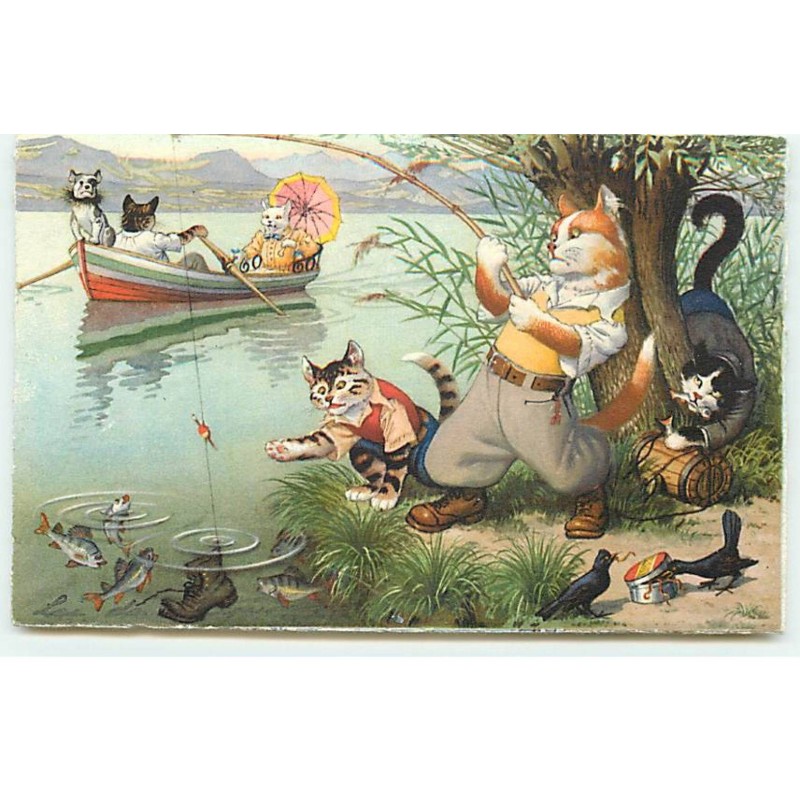 n°22544 - Fantaisie - Chats habillés - Une partie de pêche, d'autres se promenant dans une barque - bouledogue français