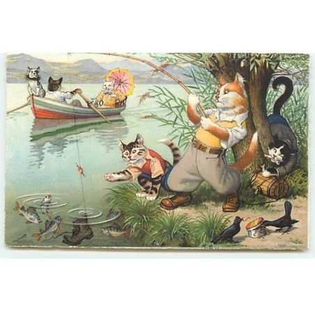 n°22544 - Fantaisie - Chats habillés - Une partie de pêche, d'autres se promenant dans une barque - bouledogue français
