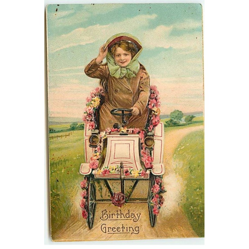 n°22549 - Carte Gaufrée - Birthday Greeting - Femme au volant d'une voiture fleurie