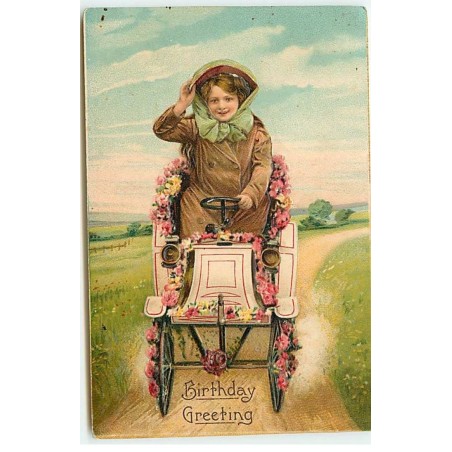 n°22549 - Carte Gaufrée - Birthday Greeting - Femme au volant d'une voiture fleurie